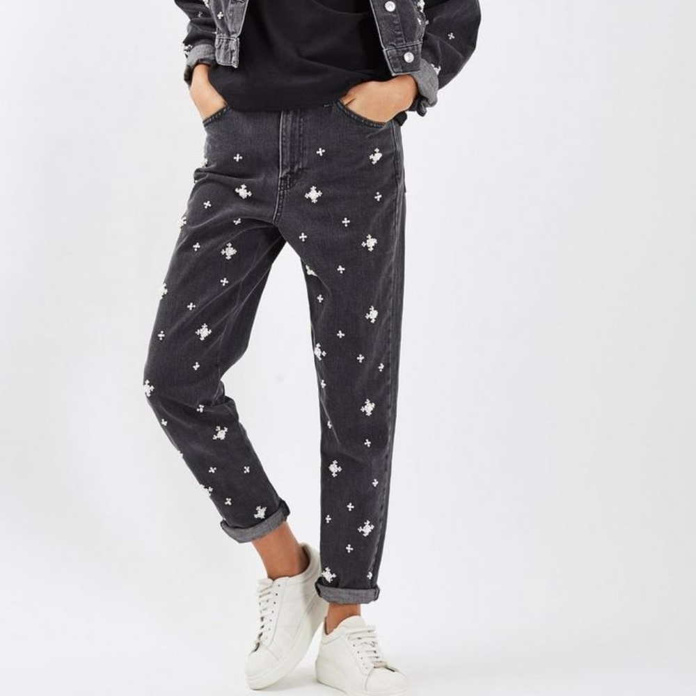 Topshop Mom Moto Embellished Black Jean W25